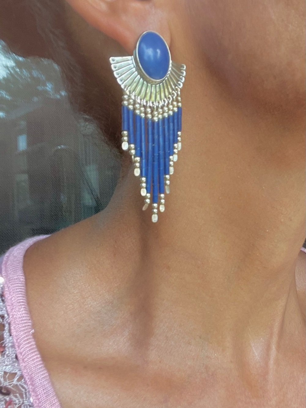 Blue Fringe Statement Earrings - Unbranded